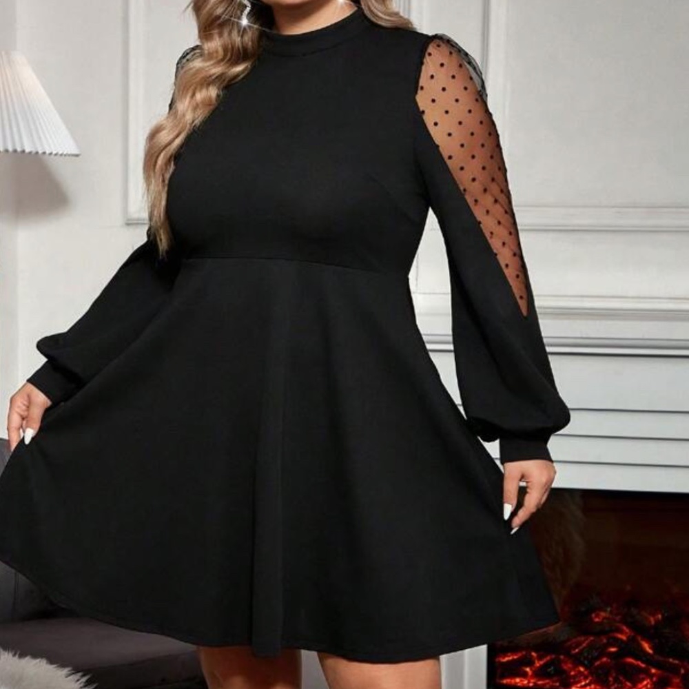 Plus Polka Dot Sheer Sleeve Evening Formal party Holiday Dress - Picture 3 of 10